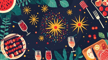 Festive Summer Night Party with Fireworks, Food Drinks - Illustration