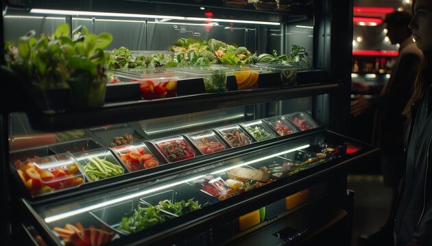 Close up view of contemporary refrigerator featuring built in interactive touchscreen display