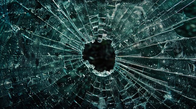 Broken glass on a dark background. After the impact, the glass surface has cracks diverging from the point of impact or bullet hit. The concept of destruction, vulnerability and fragility of existence