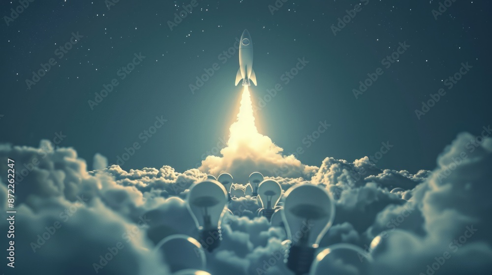 Poster rocket launch through clouds of ideas. inspiring image of a rocket launching through clouds of light