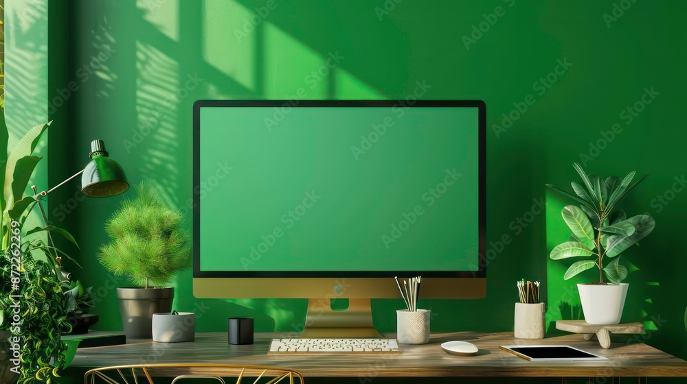 Poster copy space image of a home office workplace with a green wall and a chroma key computer screen on th