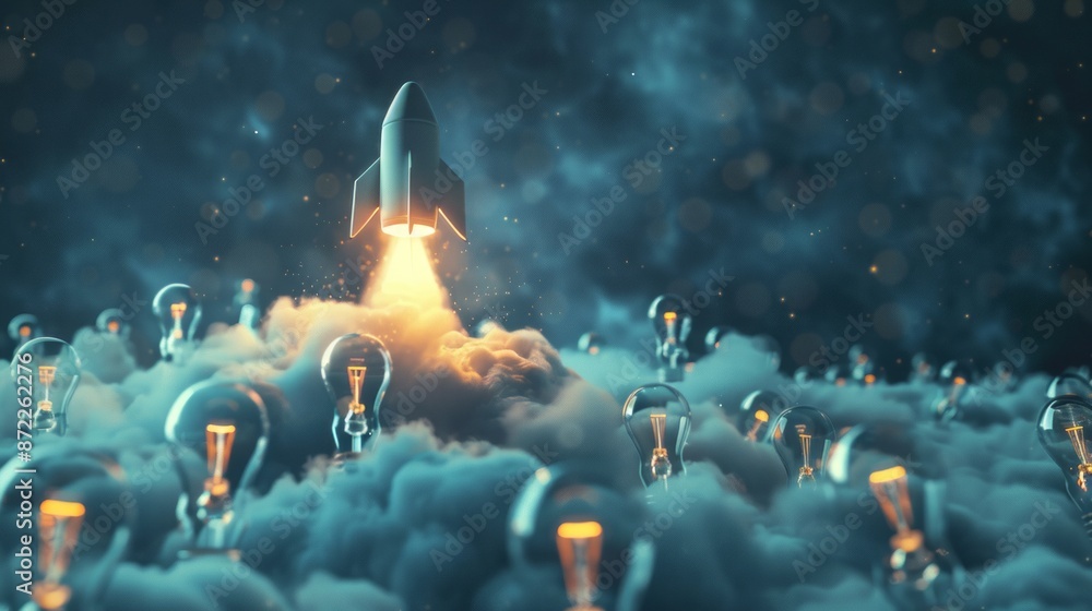 Poster rocket launch from ideas to success. inspirational image of a rocket launching from a field of light