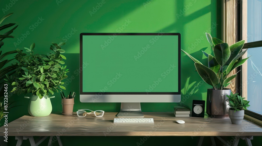 Poster copy space image of a home office workplace with a green wall and a chroma key computer screen on th