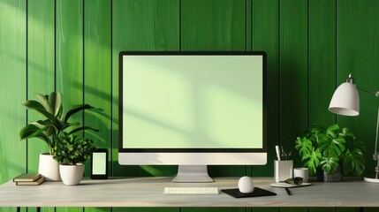 Copy space image of a home office workplace with a green wall and a chroma key computer screen on the desk. Generative AI