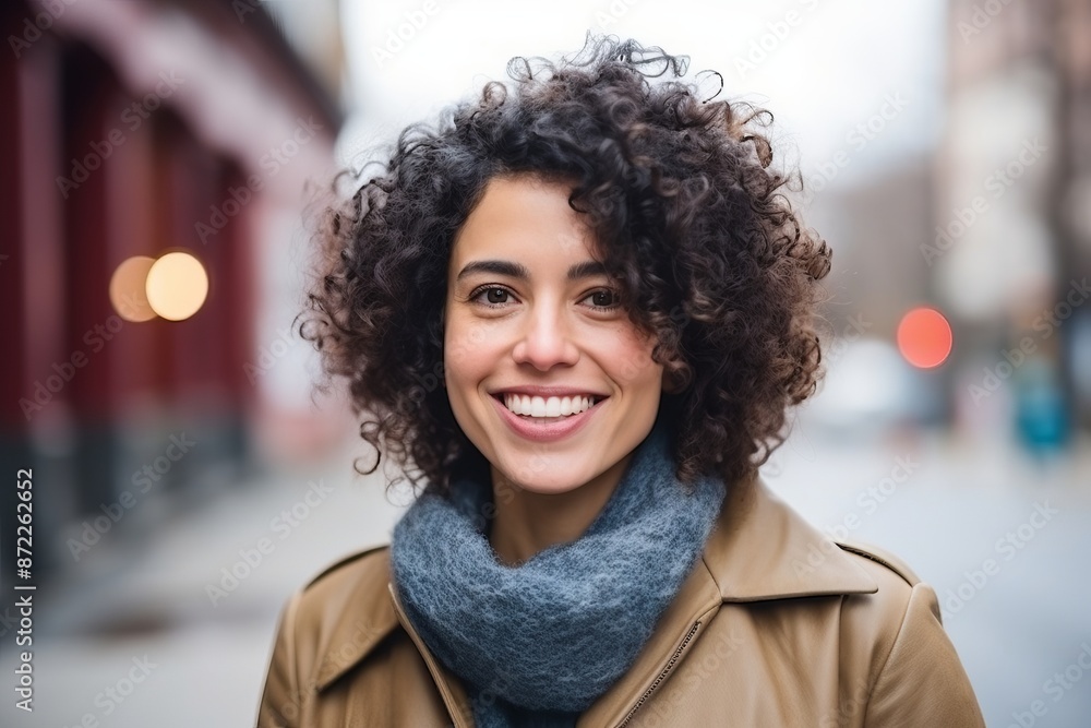 Wall mural portrait of a beautiful young woman with curly hair in the city