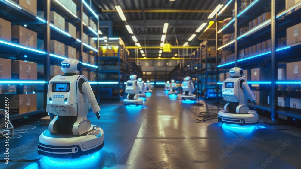 Poster a line of white robots with blue lights move through a modern warehouse with blue-lit shelves, fille