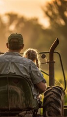 Ultra sharp image of a farmer dad and his daughter on a tractor, symbolizing multigenerational