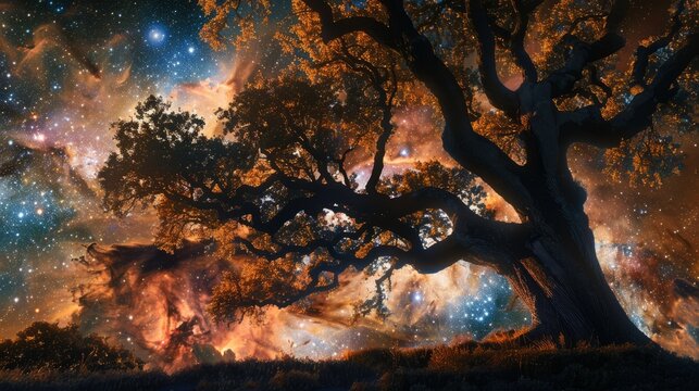 Tree silhouetted against starry sky. A majestic tree stands tall against a backdrop of a breathtaking starry sky, creating a captivating image of nature's beauty.