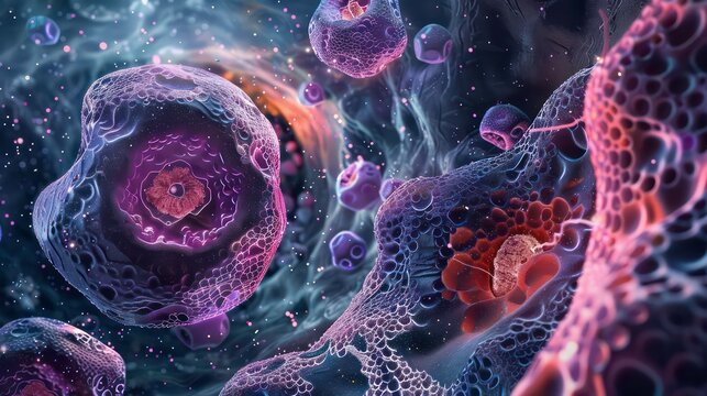 Detailed micrograph showing the interaction of cells, highlighting textures and structures. Generative AI