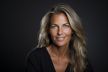 Fototapeta premium Portrait of a beautiful blond woman smiling at the camera, over black background