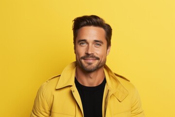 Obraz premium Smiling handsome man in yellow jacket looking at camera. Yellow background