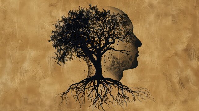 Digital artwork depicting a human head silhouette with tree and brain highlighted by roots. Generative AI