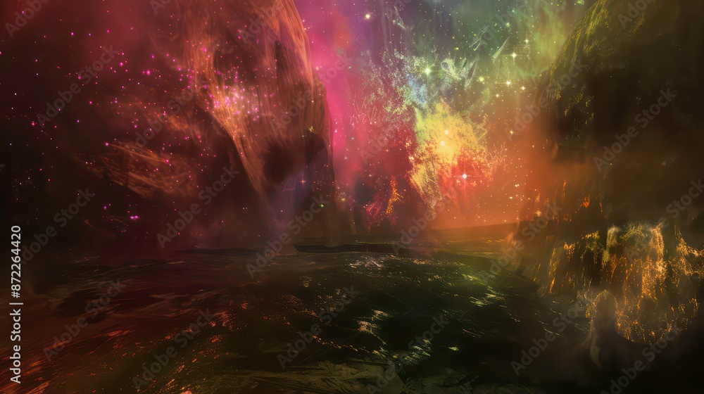 Wall mural digital artwork of a colorful nebula in a surreal cosmic setting. generative ai