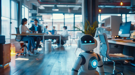 Robot works in an office among people. IT team of the future. The concept of artificial intelligence and people working in the future..