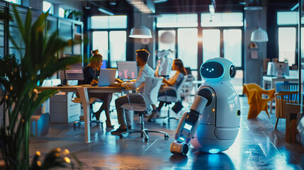 Robot works in an office among people. IT team of the future. The concept of artificial intelligence and people working in the future..
