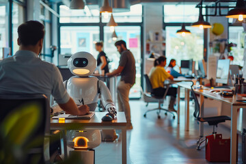 Robot works in an office among people. IT team of the future. The concept of artificial intelligence and people working in the future..