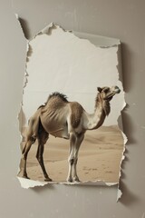 Calm camel amidst desert scene, ripped through grey paper Emphasizes resilience
