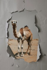 Calm camel amidst desert scene, ripped through grey paper Emphasizes resilience