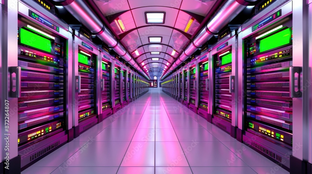 Poster futuristic data center with vibrant neon lights and rows of server racks showcasing advanced technol