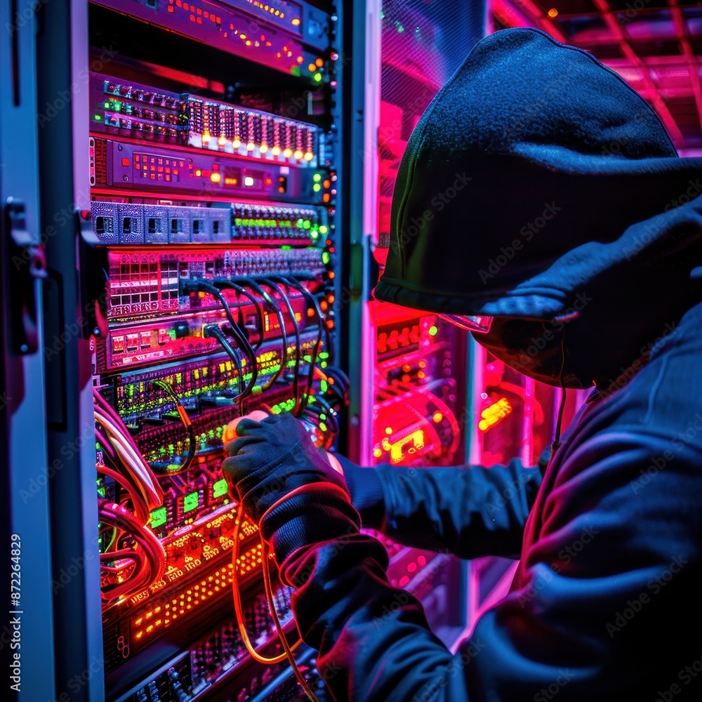Poster hacker in a dark room accessing server racks with colorful led lights, depicting cybersecurity threa