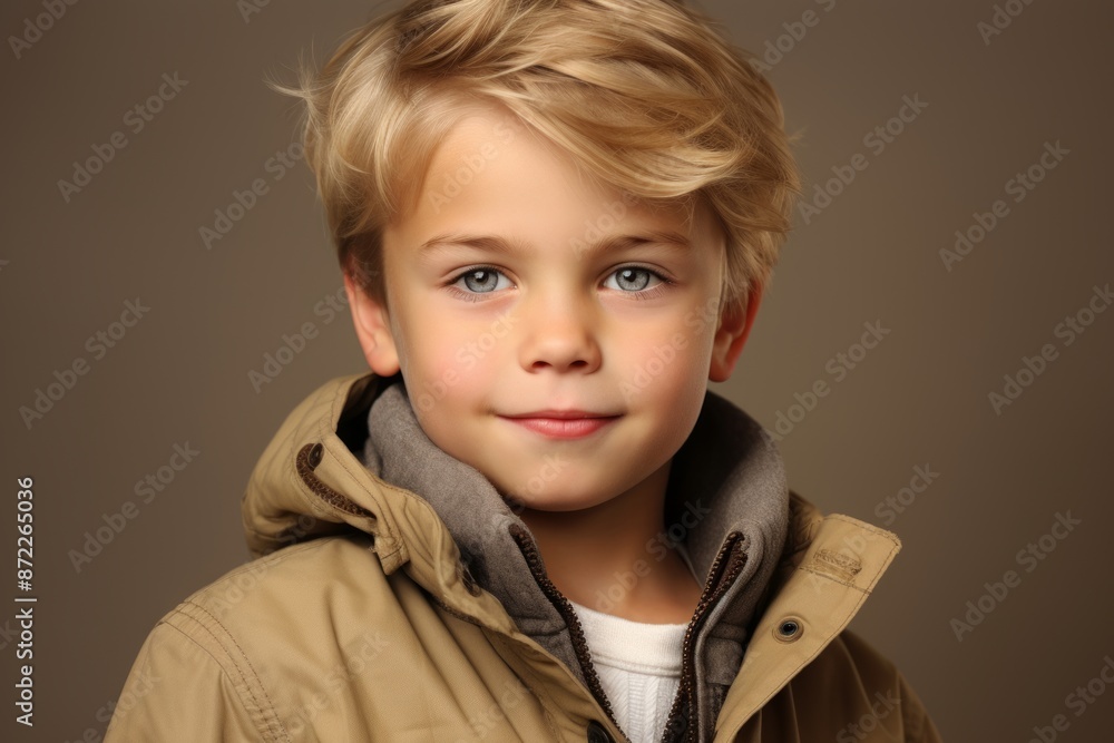 Wall mural Portrait of a cute little blond boy in a warm jacket.