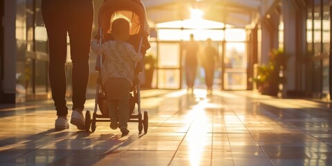 A man and a child are walking down a hallway with a stroller