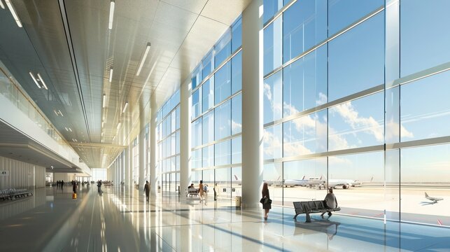 airport terminal with vast energy-efficient glass walls that provide passengers with expansive views while maintaining optimal indoor climate control