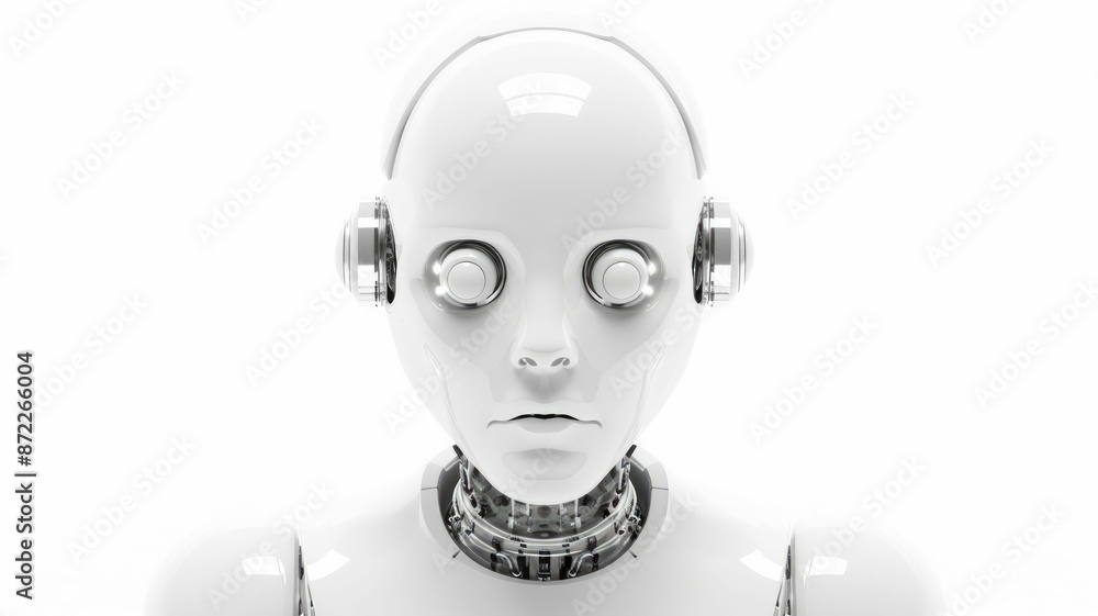Poster smart android head close up with humanoid features. futuristic robot face concept with white sleek d