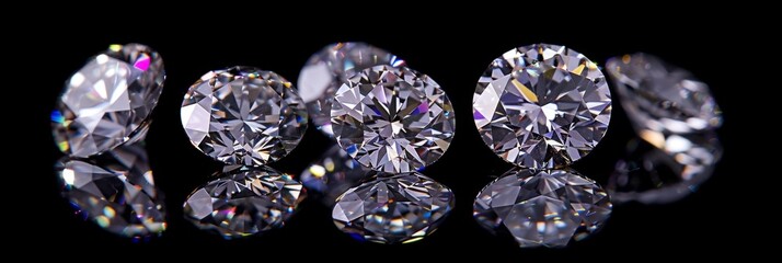 A collection of loose round diamonds positioned against a black backdrop, expertly arranged to showcase their sparkling qualities and detailed reflections. 