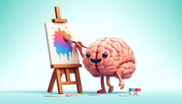 Animated brain character painting on an easel with colorful splashes, symbolizing creative thinking and artistry, concept for mental health care