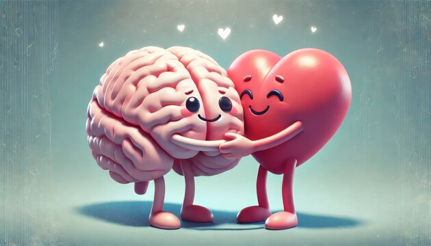 Animated brain character hugging a heart character with smiling faces and hearts floating above them, concept for mental health care	
