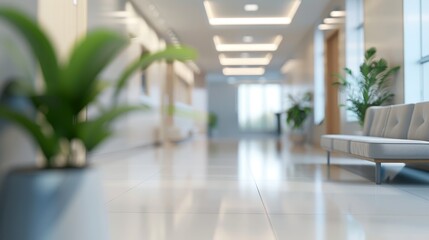 Modern Minimalist Office Hallway with Grey Sofa and Green Plants