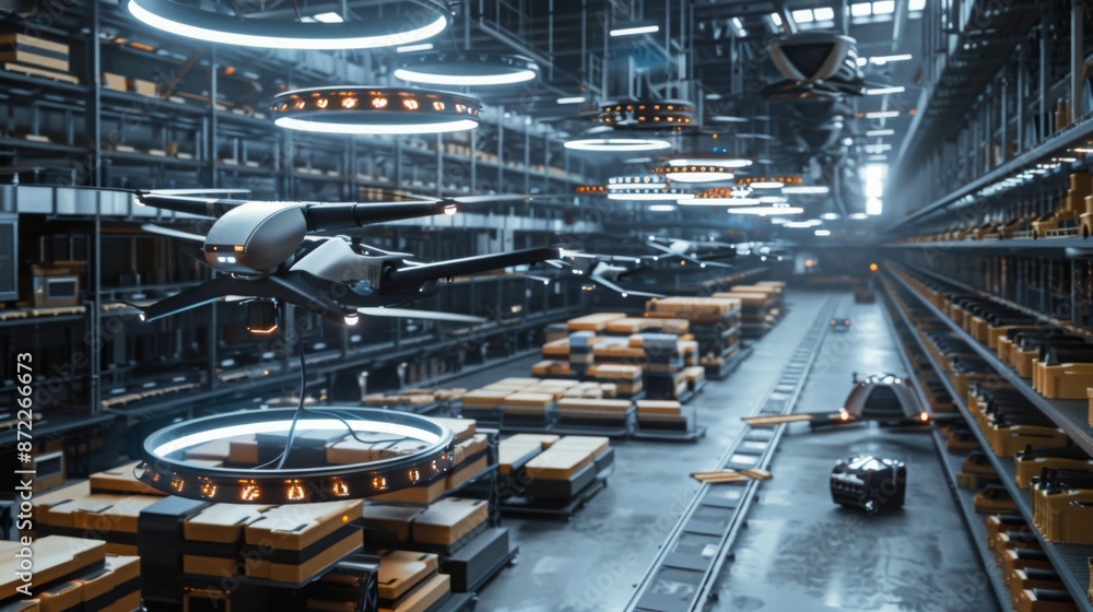 Poster a futuristic warehouse with drones flying between shelves, transporting packages. the facility is br