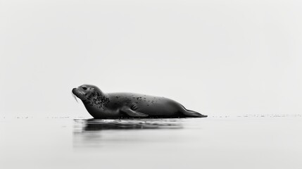 A tranquil seal, basking in the sun, is captured with minimalist black lines on a white canvas