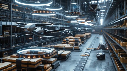 Obraz premium A futuristic warehouse with drones flying between shelves, transporting packages. The facility is brightly lit and features a conveyor belt system for efficient delivery.