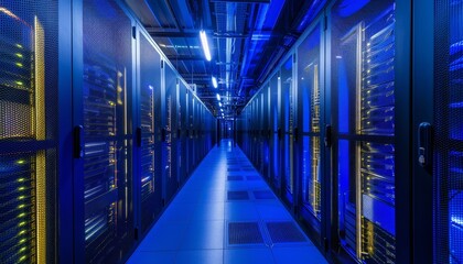 Fototapeta premium Server Room Corridor - Network Infrastructure - Data Center - Technology - Blue Lights