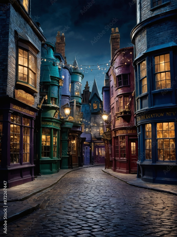 Wall mural Diagon Alley scene in a magical wizard town, lined with street lights and shop signs.