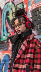 Ultra sharp image of a Gen Z girl wearing a stylish checkered coat and red headphones, exuding