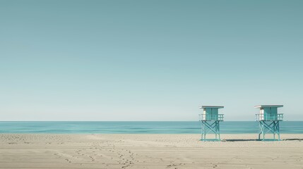A vacant city beach, with empty lifeguard towers and undisturbed sand