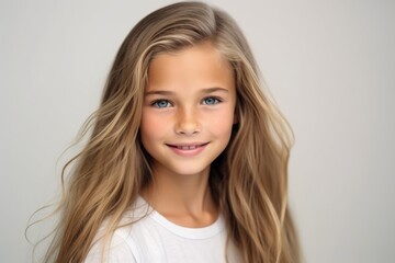 Naklejka premium Portrait of a beautiful little girl with long blond hair on a gray background