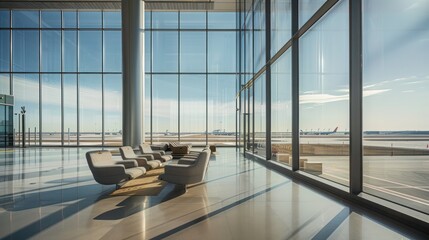 modern airport terminal with large energy-efficient windows offering panoramic views of the runways, enhancing traveler experience while reducing energy costs