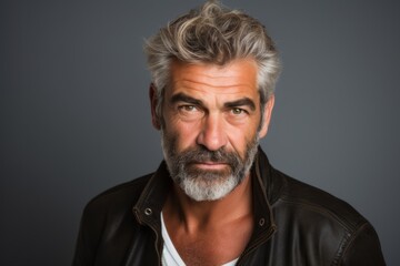 Closeup portrait of a serious mature man with gray hair and beard in a leather jacket looking at the camera on a grey background