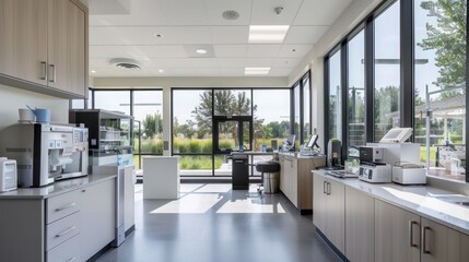 modern veterinary clinic with large, clear energy-efficient windows that allow natural light while maintaining a calm environment for animal care