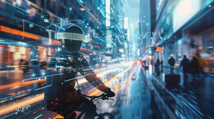 A futuristic cyberpunk scene featuring a biker in a helmet with a digital overlay against a backdrop of a city street at night. The image is filled with neon lights and futuristic technology.