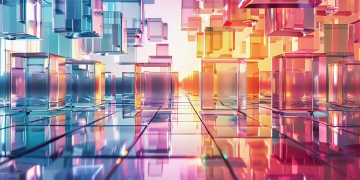 Surreal minimalist 3D-rendered background featuring colorful glass cubes, perfect for vibrant and modern designs.