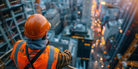 Engineer wearing a hard hat and safety gear, standing on a high-rise overlooking a vibrant cityscape at night