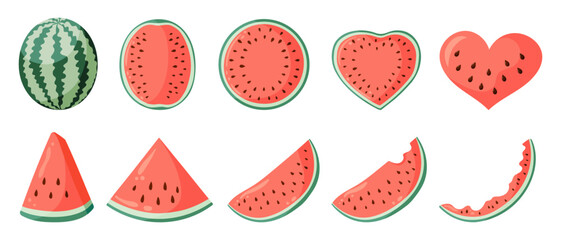Watermelon vector illustrations set with whole watermelon and watermelon slices. Flat vector style drawings for food graphics, summer designs, menu, logo, stickers.