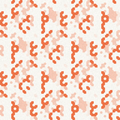 Faded peach fuzz glitch geo washed effect seamless pattern. Orange dye grungy blotched distress abstract background texture repeat. 