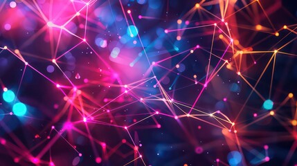 Fototapeta premium Generative AI abstract illustration of geometric shapes and structures in colorful neon colors and lights in cyberspace against dark background