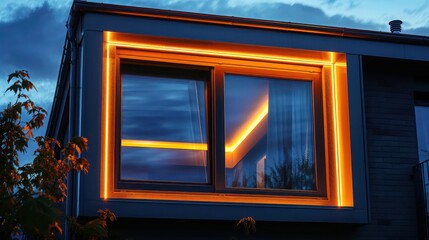 energy-efficient window featuring built-in LED lighting edges, creating a unique aesthetic that illuminates the window's efficiency features at night